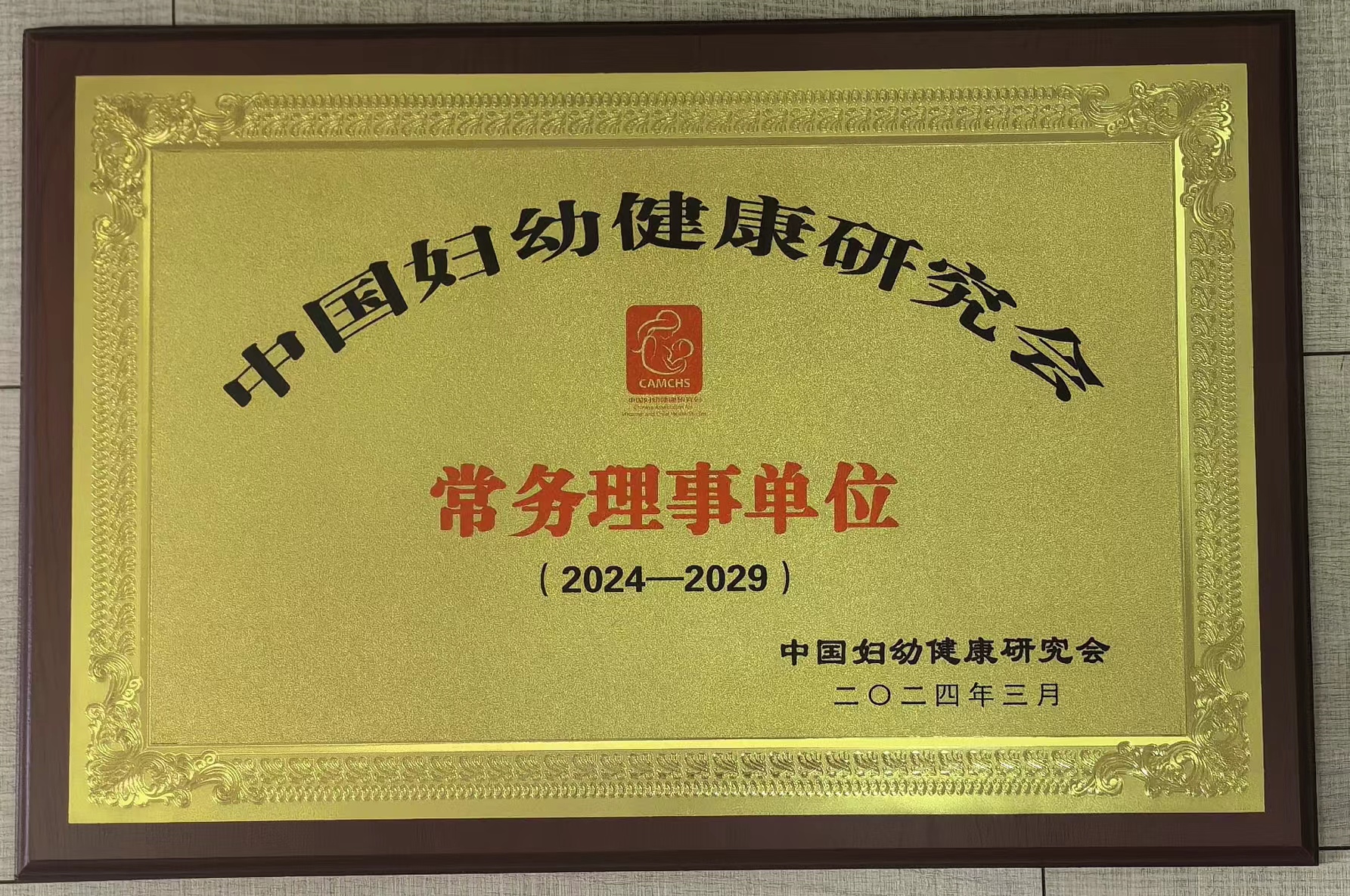 C:\Users\Administrator\Desktop\all\4杂项\其他\医院荣誉\2024年荣誉奖牌（奖状）照片\2024.3 中国妇幼健康研究会常务理事单位（2024-2029）.jpg